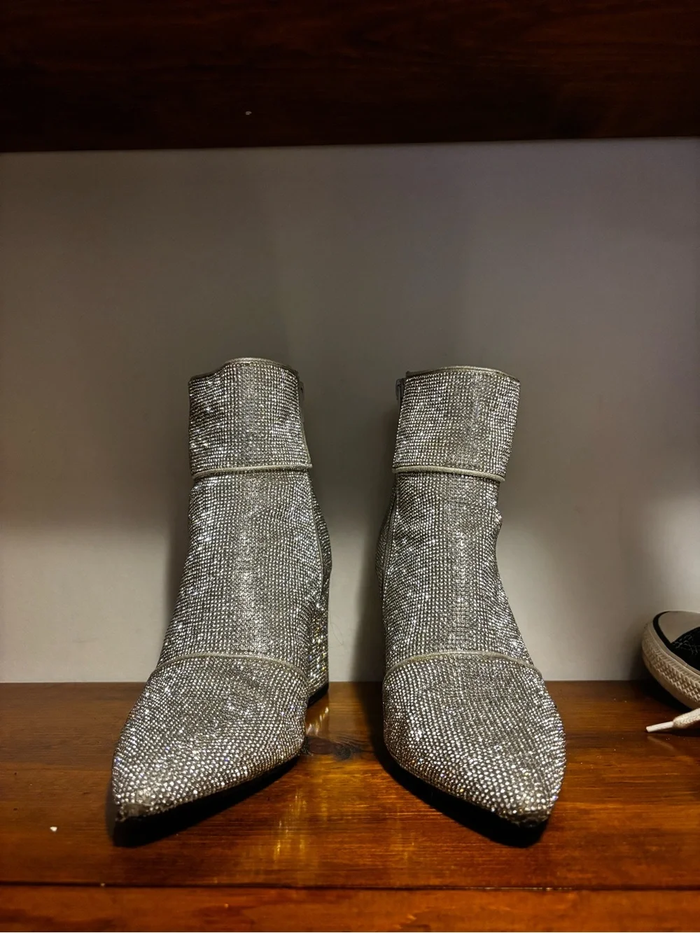 Silver Bedazzled Ankle Boots Showstopper NYE Statement Piece Glitz Glamour Vibe